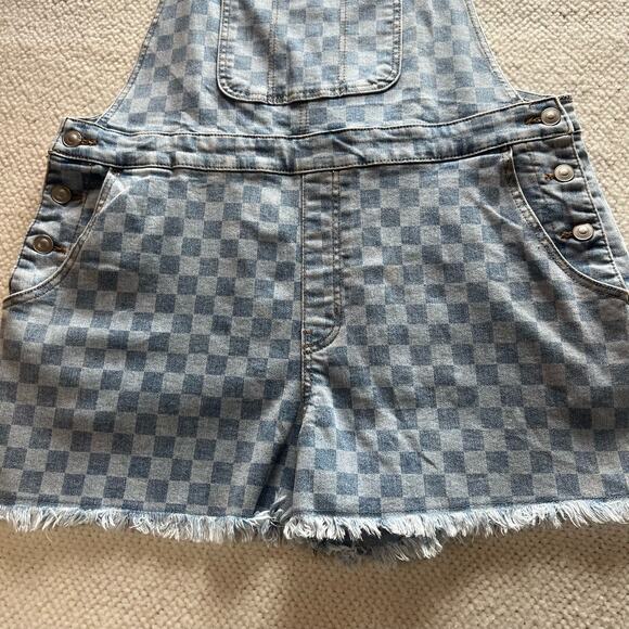 No Boundaries Checkered Denim Shortalls Overalls Junior Size XL 15-17 Re… - Picture 7 of 15